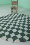 Round Green and White Checkered Moroccan Wool Rug - 5 ft