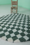 Round Green and White Checkered Moroccan Wool Rug - 5 ft