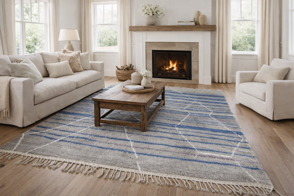 Grey & blue striped Moroccan rug - Custom handmade design