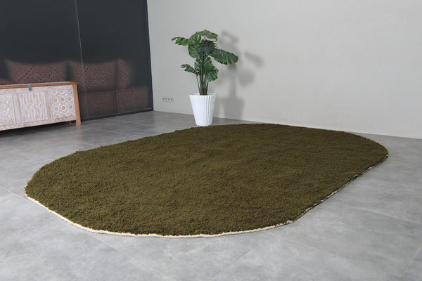 Handmade olive green oval wool rug - Minimalist custom carpet