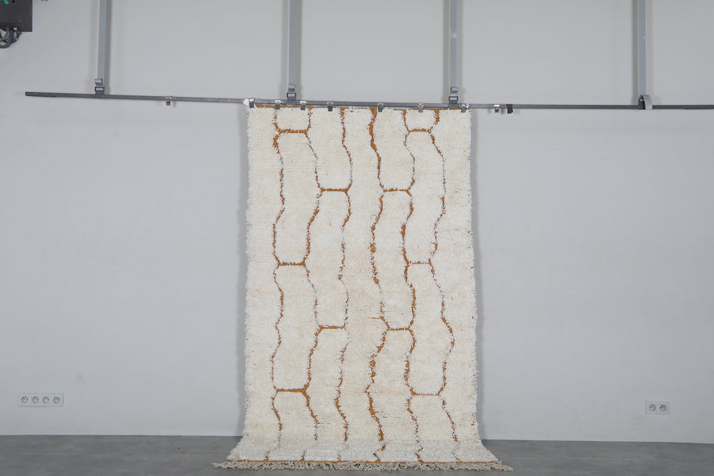 Ivory Moroccan Rug 5 x 9.3 Feet – Caramel Abstract Wool Shag Rug – Handmade Berber Carpet