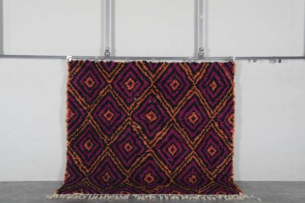 Black Moroccan Rug 6.6 x 6.1 Feet – Magenta Orange Diamond Wool Shag Rug – Handmade Berber Carpet