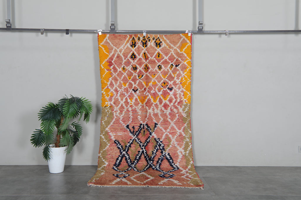 Colorful Moroccan rug - Pink, yellow & olive tribal design - 3.7 FT X 7.7 FT