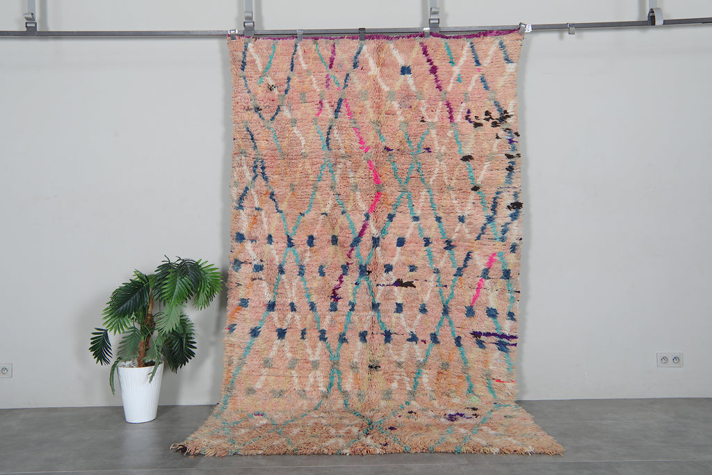 Peach Moroccan rug with colorful geometric accents - 5.8 FT X 9.8 FT