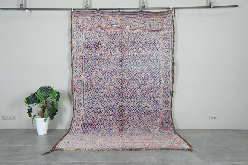 Vintage Moroccan rug with blush and blue diamond pattern - 6.7 FT X 10.9 FT