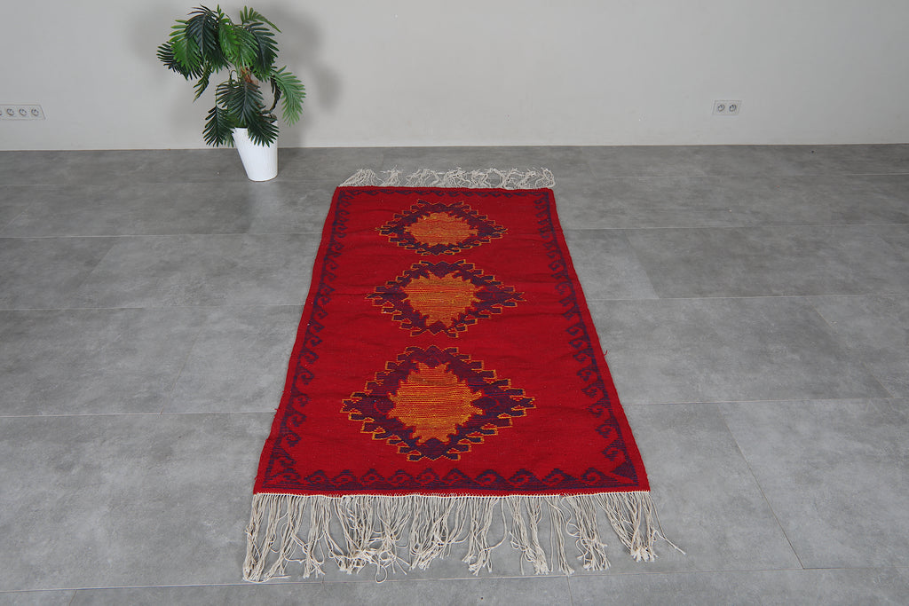 Red Moroccan runner rug with burnt orange diamond motifs - 3.6 FT X 6.6 FT