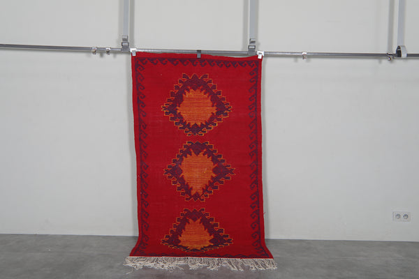 Red Moroccan runner rug with burnt orange diamond motifs - 3.6 FT X 6.6 FT
