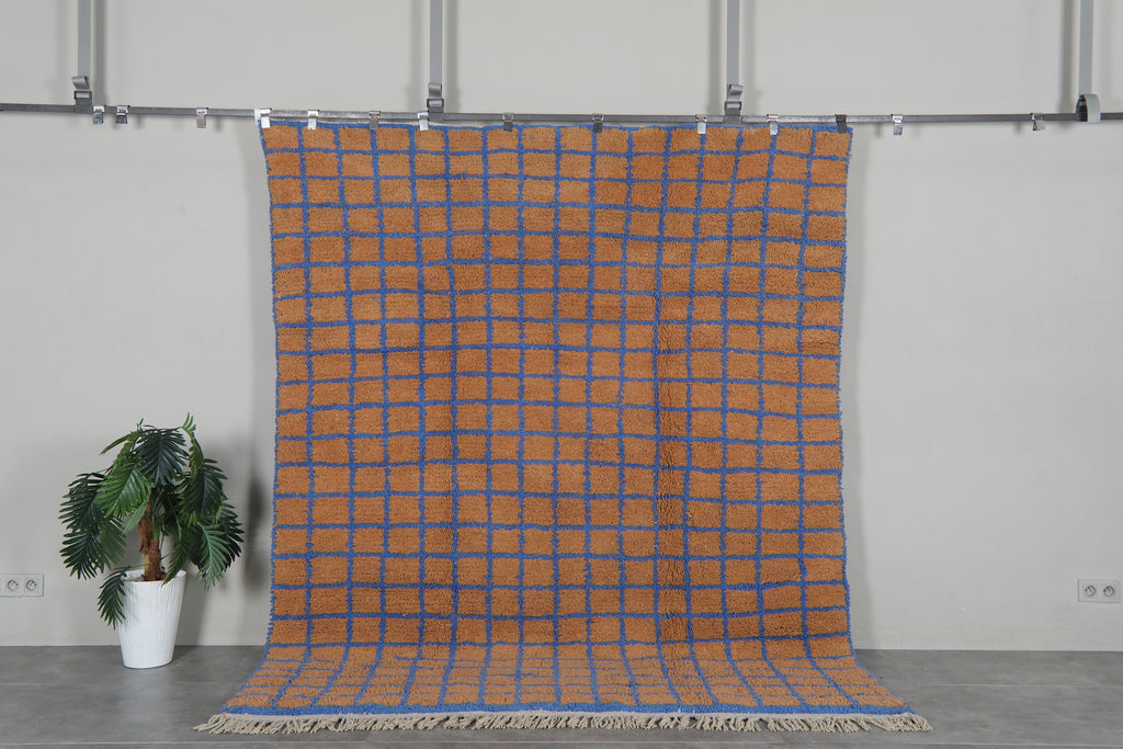 Peach Moroccan rug - Geometric Berber rug - Blue grid rug - Handmade custom rug