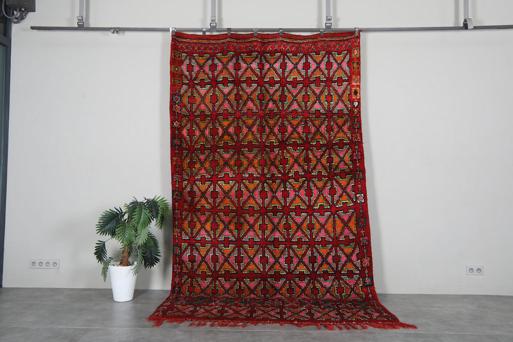 Red Moroccan rug - Vintage berber geometric - 6.1 FT X 10.4 FT