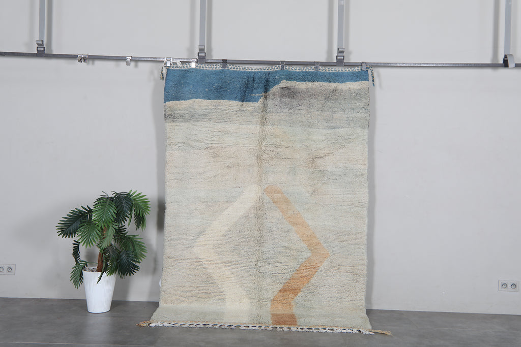 Cream & blue Moroccan rug - Modern beni ourain style - 5.4 FT X 7.7 FT