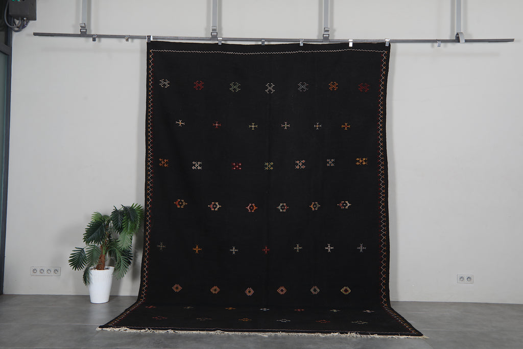 Black flatwoven rug - Handmade Moroccan kilim - 8 FT X 11.9 FT