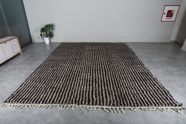 Large Striped Moroccan Rug 10 x 13.2 feet – Black and Beige Berber Rug