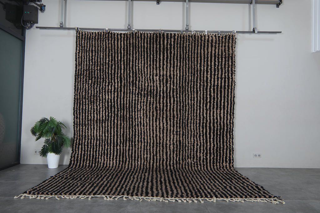 Large Striped Moroccan Rug 10 x 13.2 feet – Black and Beige Berber Rug