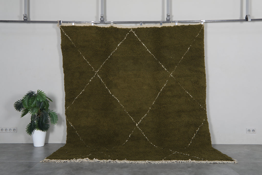 Olive Green Moroccan Rug 8 x 9.4 feet – Beni Ourain Style Diamond Rug