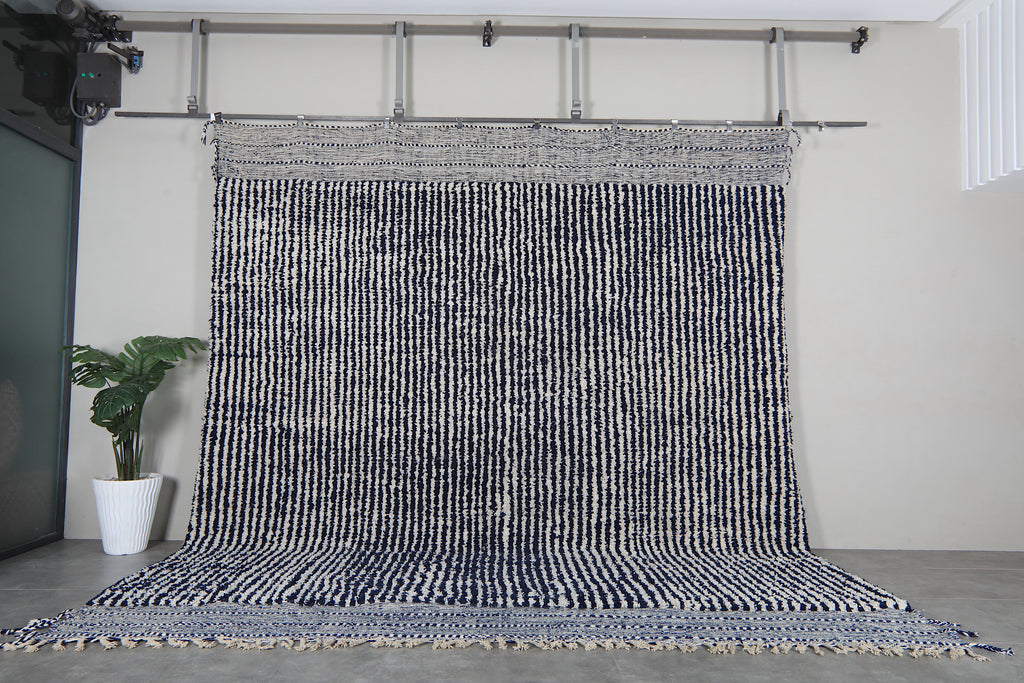 Custom Textured Stripe Rug – Handwoven Navy Blue & Ivory Moroccan Carpet