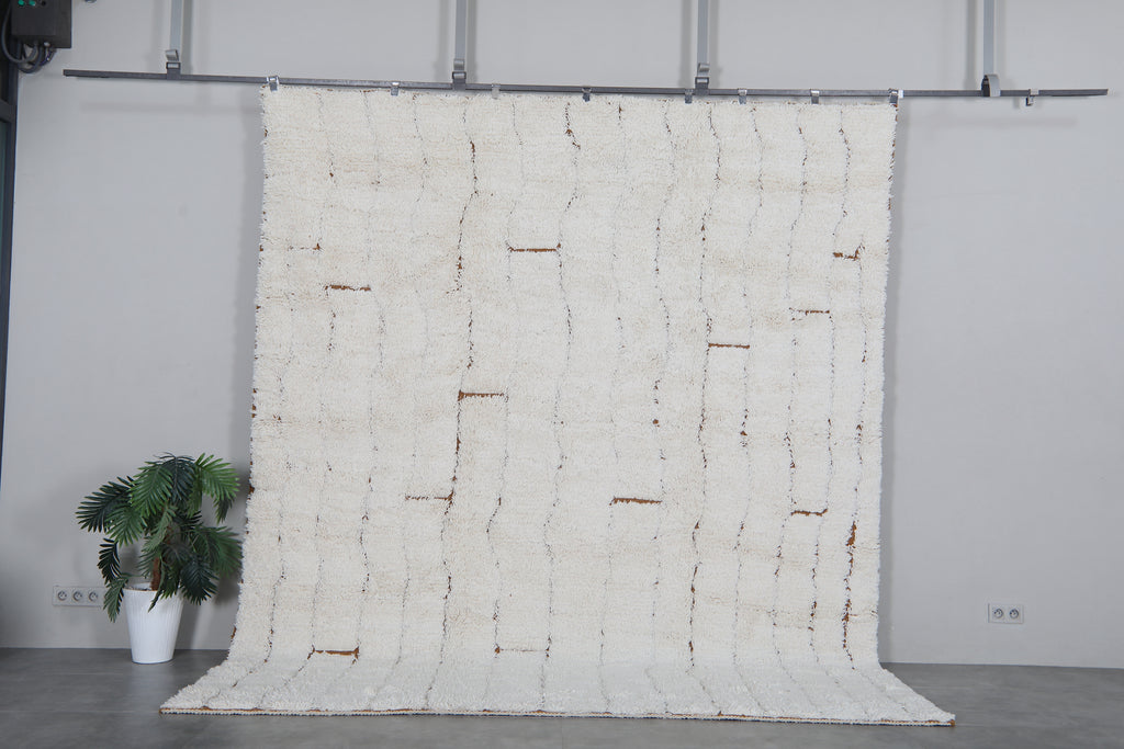 Ivory moroccan beni ourain rug 9.3 x 11.1 ft – Handmade wool shag area rug