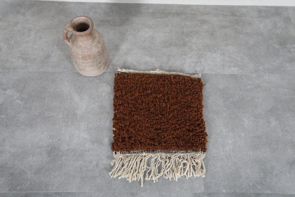 Brown moroccan shag wool rug 1.4 x 1.4 ft – handmade berber small area rug