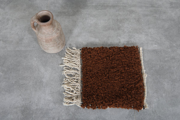 Brown moroccan shag wool rug 1.4 x 1.4 ft – handmade berber small area rug