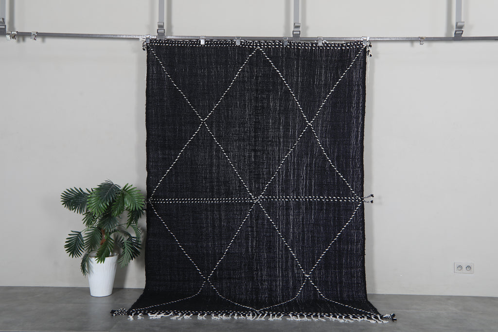 Black moroccan flatweave rug 5.9 x 8.3 ft – Handmade wool berber tribal area rug