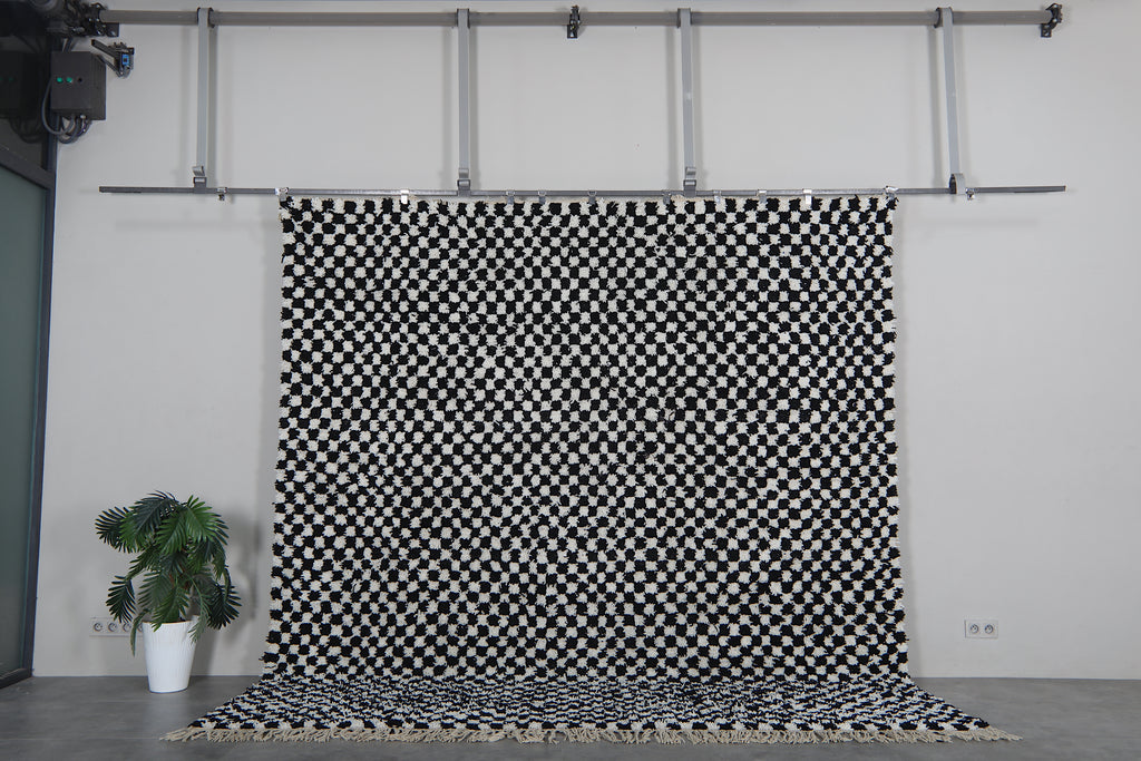Black and ivory Moroccan checker rug 9.7 x 10.3 ft
