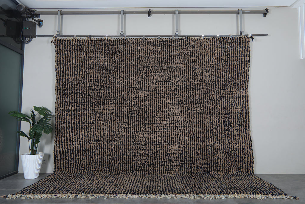 Brown black Moroccan beni ourain rug 13 x 12.8 ft