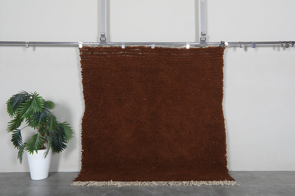 Brown Moroccan wool rug 5.3 x 5.5 ft – Handmade shag area rug