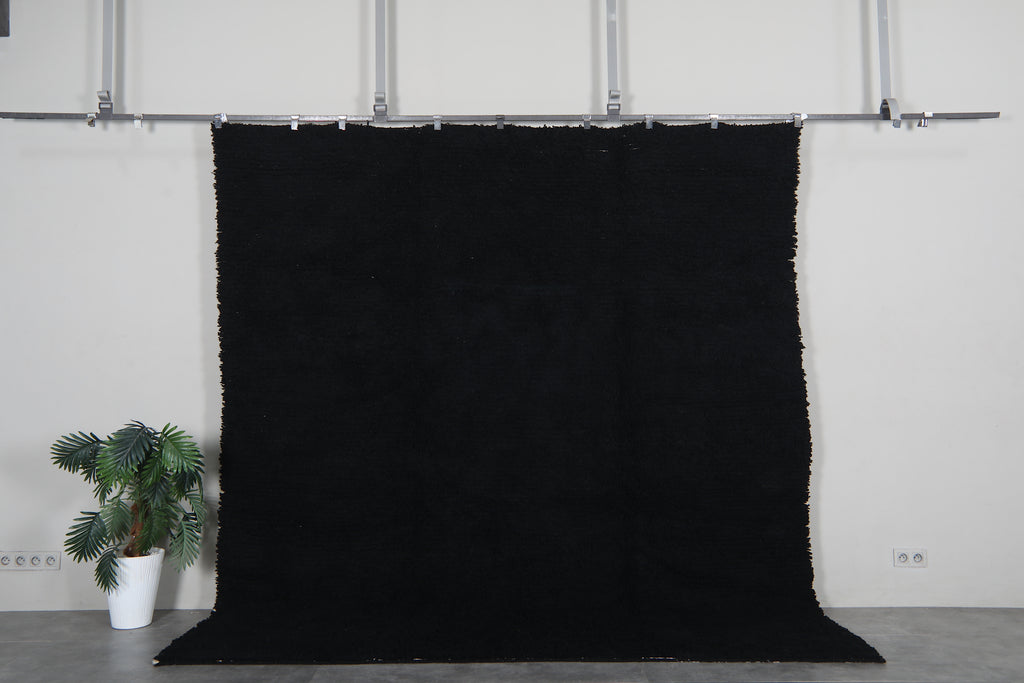 Black Moroccan wool rug 9.1 x 9.6 ft – Handmade shag area rug