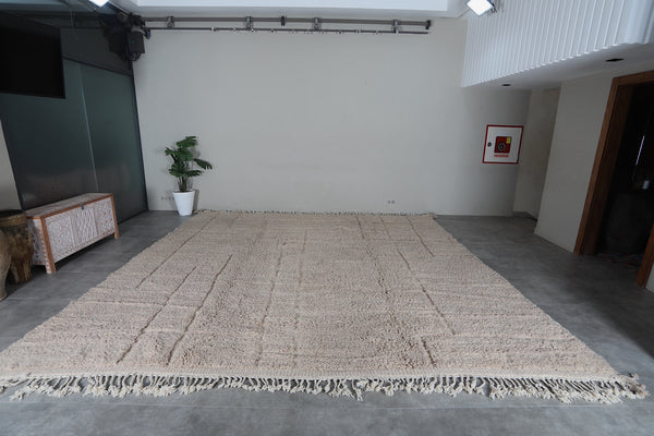 Beige Moroccan shag rug 14x14.1 ft - Handmade wool Berber carpet with raised lines