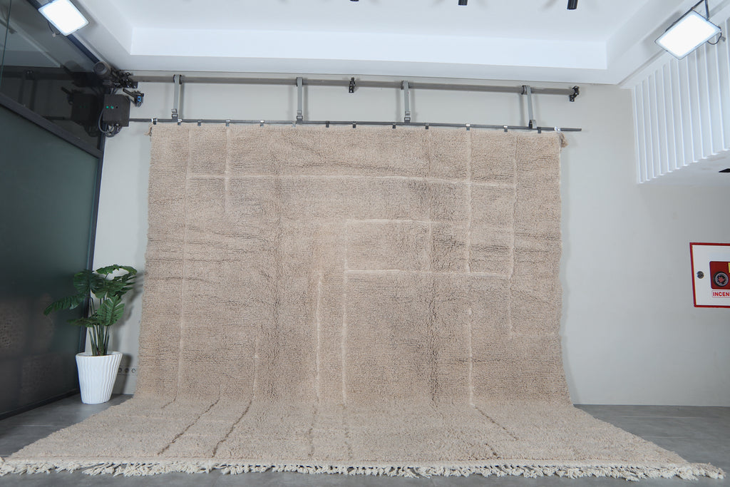 Beige Moroccan shag rug 14x14.1 ft - Handmade wool Berber carpet with raised lines