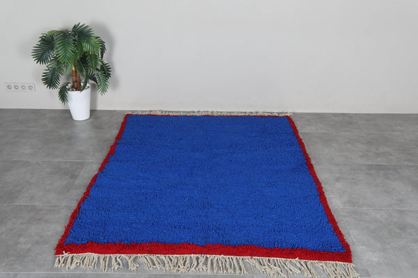 Blue Moroccan shag rug 5.2 x 6.6 ft - Handmade wool Berber carpet with red border