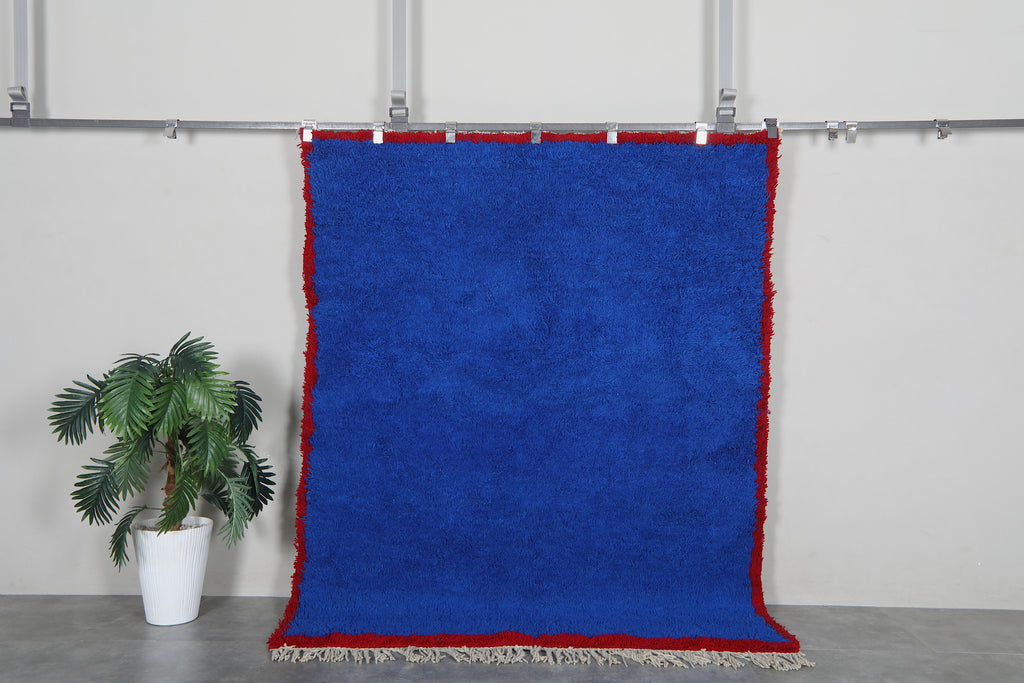 Blue Moroccan shag rug 5.2 x 6.6 ft - Handmade wool Berber carpet with red border
