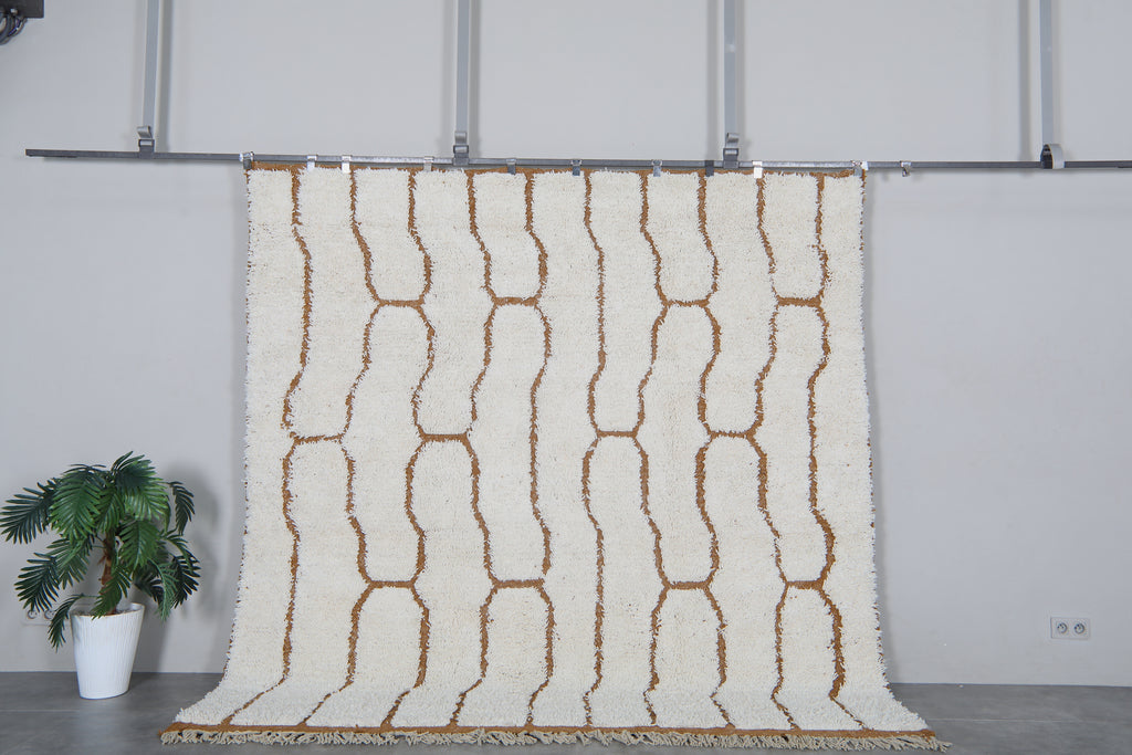 Cream Moroccan wool rug 8.3 x 8.5 ft - Handmade Berber carpet with brown chain pattern