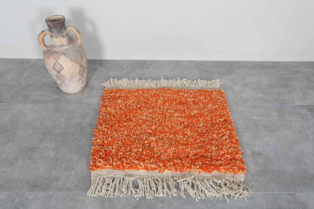 Orange Moroccan wool accent rug 2.4 x 2.2 feet – Handmade small Berber rug