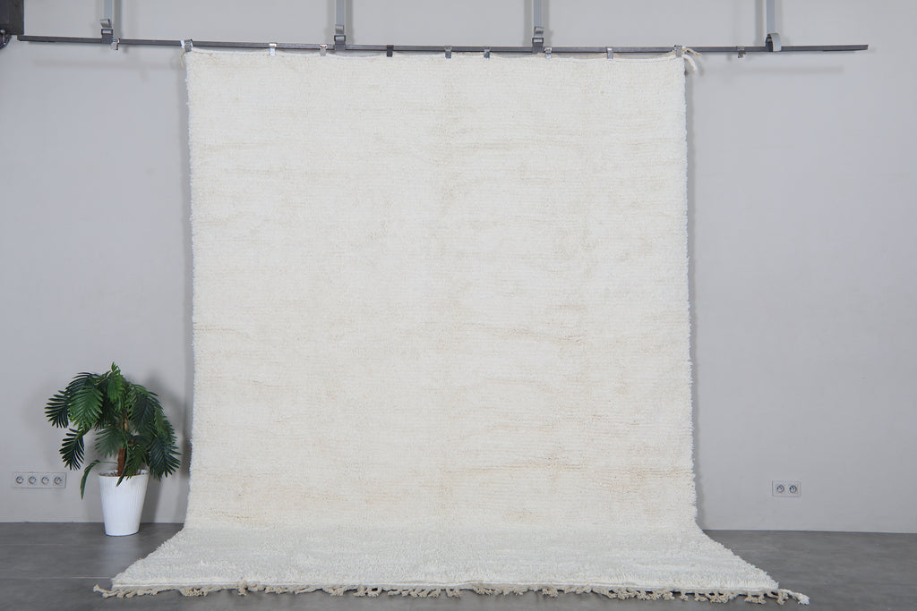Solid cream Moroccan shag rug 9 x 11.9 ft - Handmade wool Berber carpet
