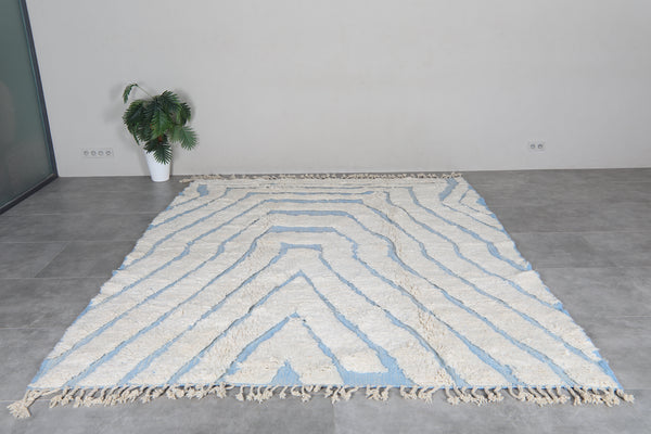 Abstract Moroccan Beni Ourain rug 8.4 x 10.4 feet - Blue and white wool Berber area rug