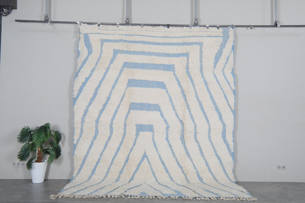 Abstract Moroccan Beni Ourain rug 8.4 x 10.4 feet - Blue and white wool Berber area rug