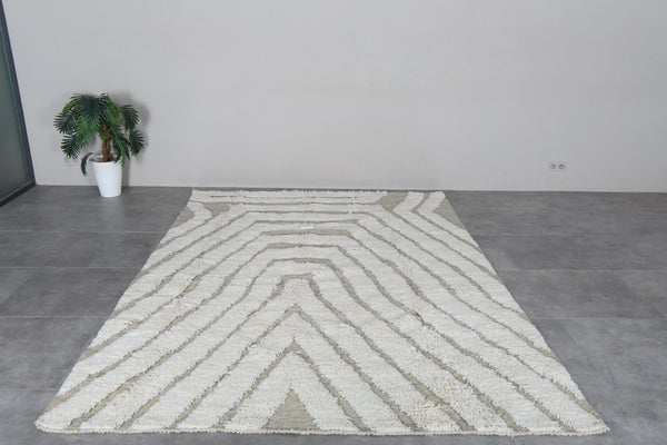 Beige Moroccan shag rug 7.2x10 ft - Handmade wool Berber carpet with white lines