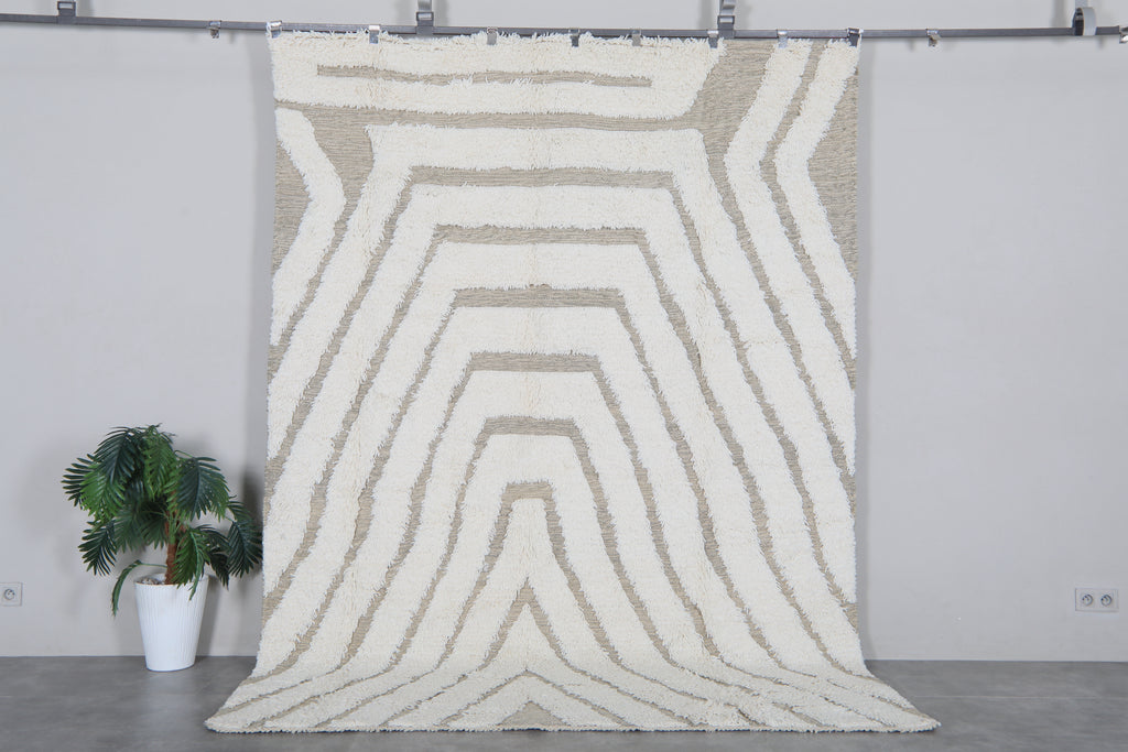 Beige Moroccan shag rug 7.2x10 ft - Handmade wool Berber carpet with white lines