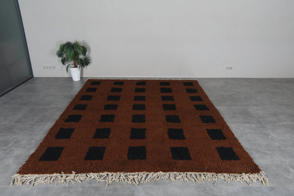 Brown Moroccan shag rug 8x10.1 ft - Handmade wool Berber carpet with black squares