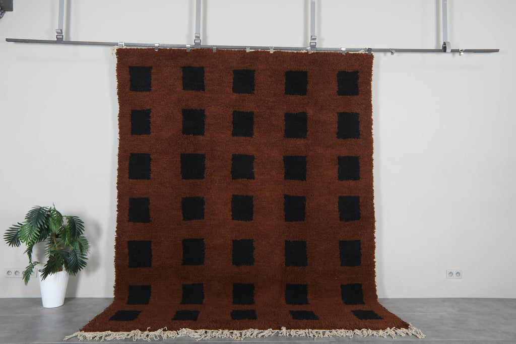 Brown Moroccan shag rug 8x10.1 ft - Handmade wool Berber carpet with black squares