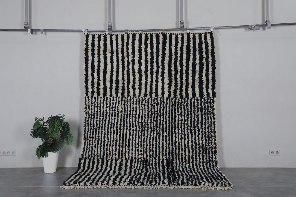 Black and Cream Moroccan Rug 6.7 x 9.8 Feet – Striped Wool Rug