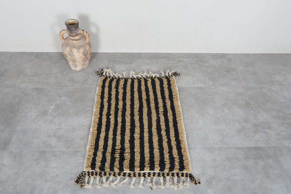 Small striped Moroccan rug 2.1x2.9 ft - Handmade wool Berber mat with black beige lines