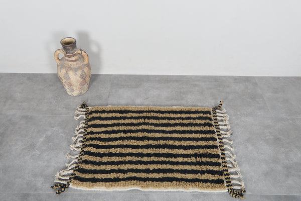Small striped Moroccan rug 2.1x2.9 ft - Handmade wool Berber mat with black beige lines