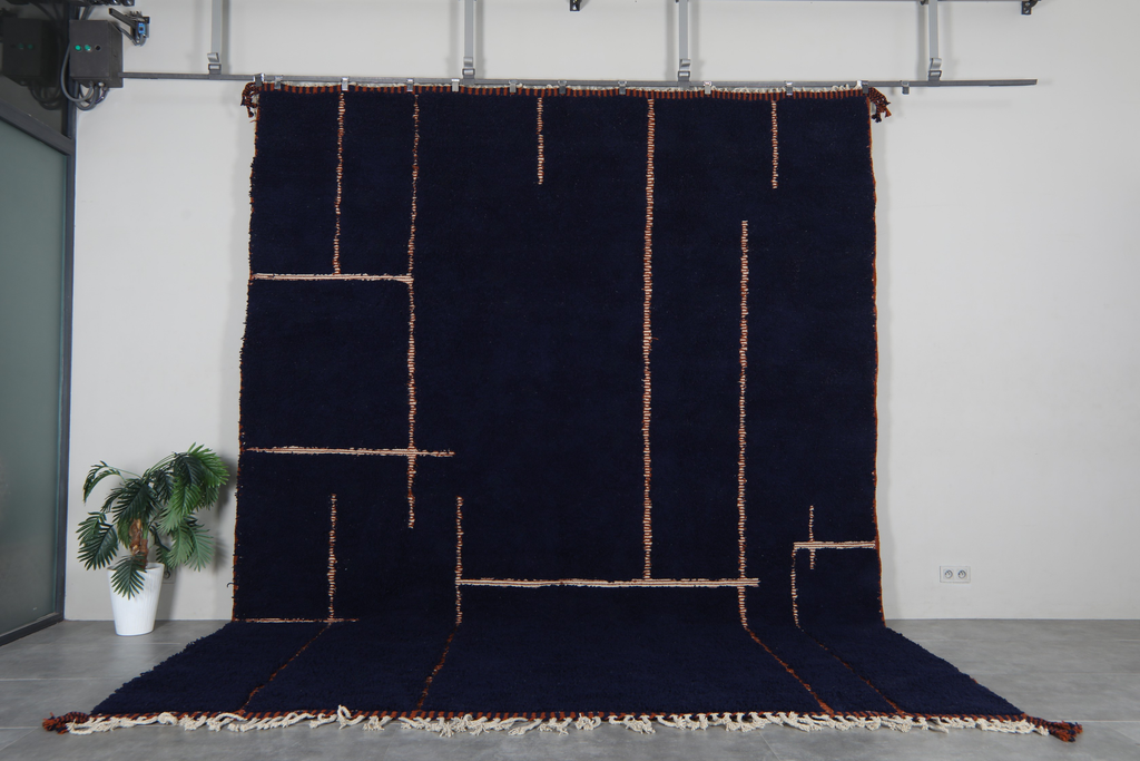 Navy blue moroccan rug - Copper line pattern beni ourain wool rug– Custom size