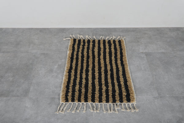 Small striped Moroccan rug 2.1x2.8 ft - Handmade wool Berber mat with black beige lines