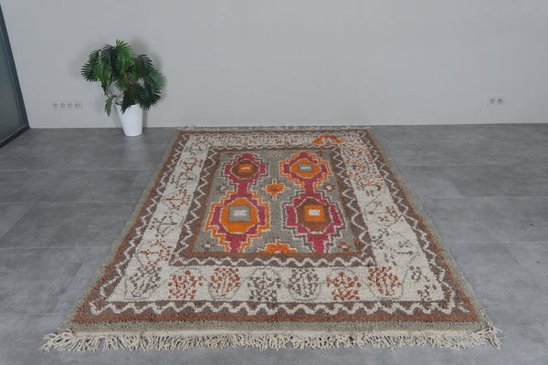Vintage Moroccan shag rug 6.2x9.4 ft - Handmade wool Berber carpet with red orange motifs