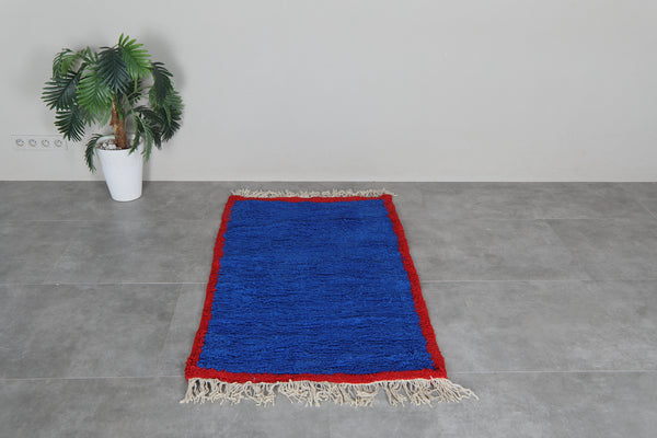 Blue Moroccan shag rug 3x4.9 ft - Handmade wool Berber carpet with red border