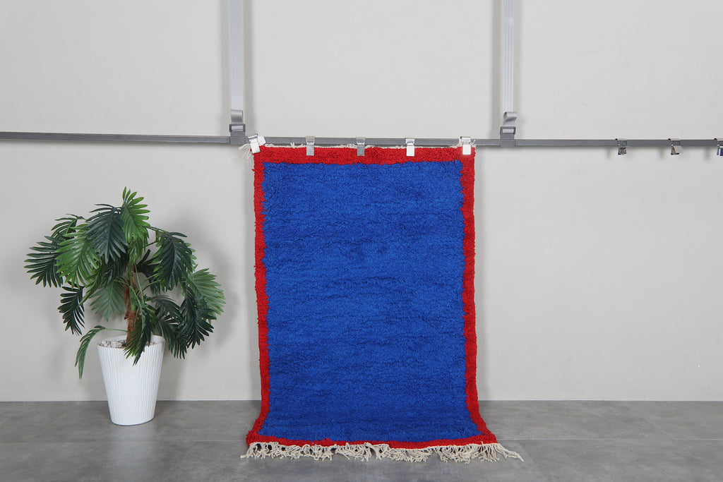 Blue Moroccan shag rug 3x4.9 ft - Handmade wool Berber carpet with red border