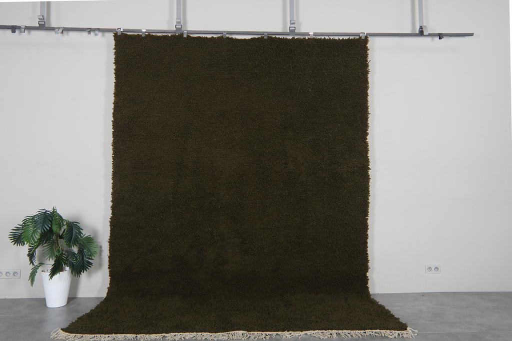 Olive Green Moroccan shag rug 8.2x11 ft - Handmade wool Berber carpet