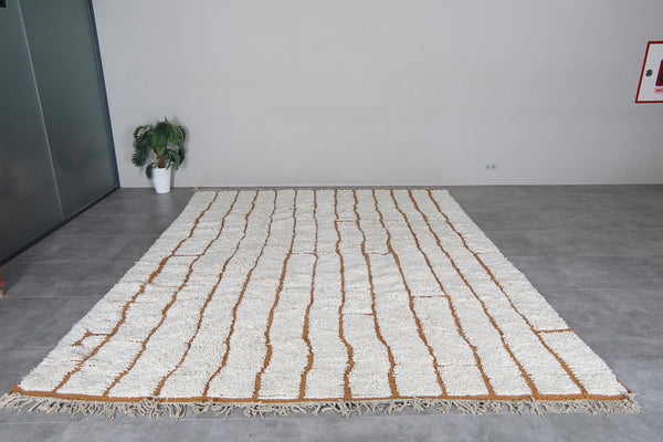 Cream Moroccan shag rug 9.7x12.5 ft - Handmade wool Berber carpet with brown lines